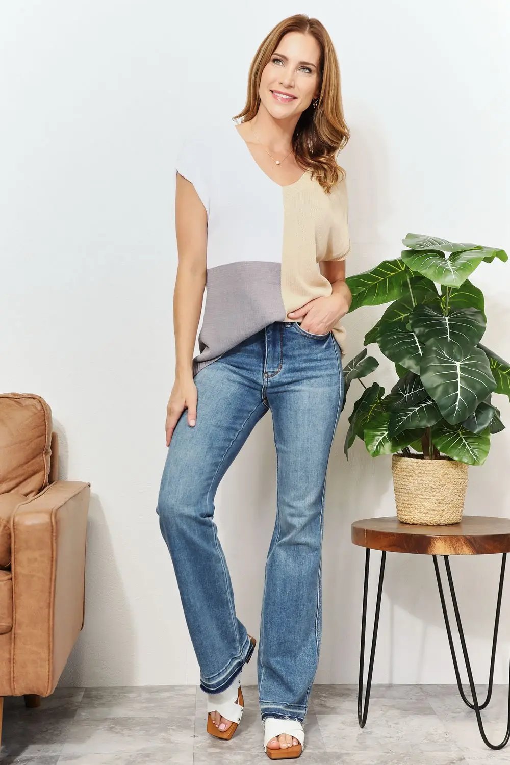 Double Take: Colorblock V-Neck Knit Top - Love Salve